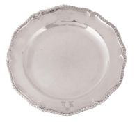 A George II silver hexafoil dinner plate, London 1739 (marks rubbed), the border engraved with an