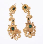 A pair of 19th century emerald and pearl drop earrings, of scroll and foliate design with engraved