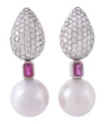 A pair of diamond, ruby and South Sea cultured pearl ear pendents, the pear shaped pediments pave
