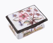 A Birmingham enamel rectangular snuff box, circa 1750, the cover painted with stylised flowers and