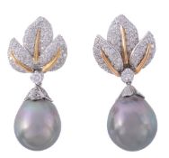 A pair of South Sea cultured pearl and diamond ear pendents, the grey cultured pearls each