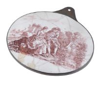 A companion Birmingham enamel oval plaque, circa 1755, transfer printed in reddish brown with The