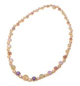 An early Victorian multi gem set gold necklace, circa 1840, the graduated oval and cushion cut