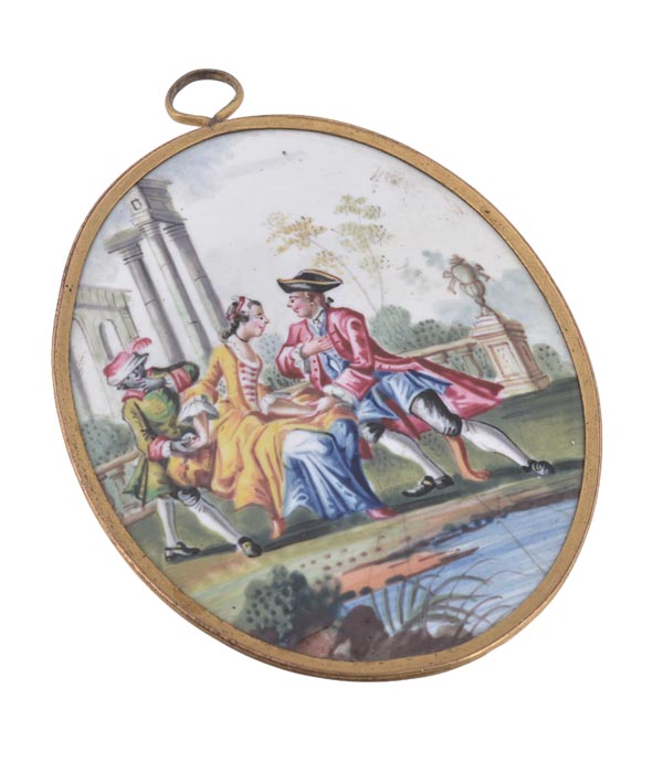 A Birmingham enamel oval plaque, circa 1755, painted with a lively scene of a lady distracting her
