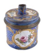 A Bilston drum shape bougie box, circa 1770-75, with a funnel-topped cover, painted with flower
