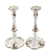 A pair of south Staffordshire tapersticks, circa 1770-75, with octolobed fixed sconces, the