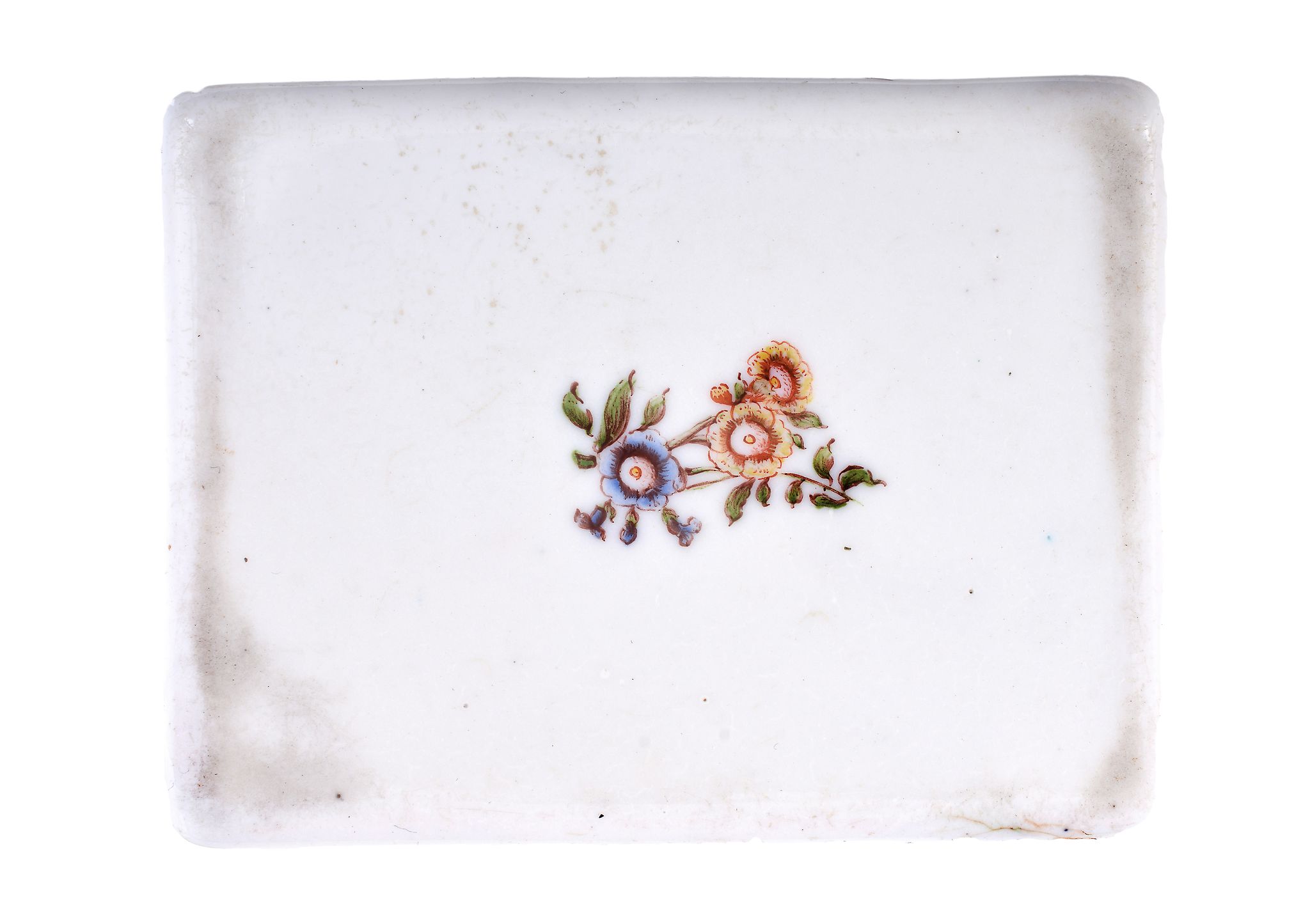 A Birmingham enamel rectangular table snuff box, circa 1760, the cover painted with figures amongst - Image 2 of 2