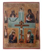 A mid 19th century Russian quadripartite icon of the Crucifixion and Mothers of God, Vetka School