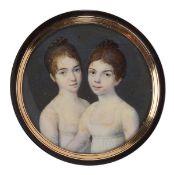 French School, circa 1820. Double portrait of two girls in white dresses. 6.7cm diameter. Mounted