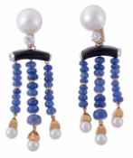 A pair of South Sea cultured pearl, diamond and sapphire ear pendents, the South Sea pearl above an