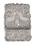 An early Victorian silver shaped rectangular castle top card case by John Tongue, Birmingham 1844,