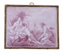 A Battersea enamel rectangular plaque, circa 1753-1756, delicately transfer printed in pinkish
