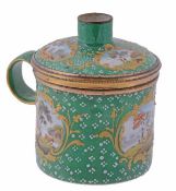 A south Staffordshire enamel drum shape bougie box, circa 1770, with a funnel-topped cover and ring
