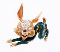 A gold, diamond and enamel hare brooch by Frascarolo, the hopping hare with a green enamel body and