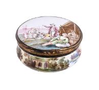 A Birmingham enamel circular snuff box, circa 1750, the cover painted in muted tones with a