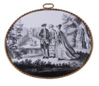A Liverpool enamel oval plaque, circa 1775, transfer printed in black on white enamel with three