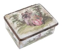 A German enamel rectangular snuff box, circa 1760, the cover painted with four figures grouped
