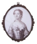 A Battersea enamel oval portrait plaque, circa 1750-1753, transfer printed in sepia with Elizabeth