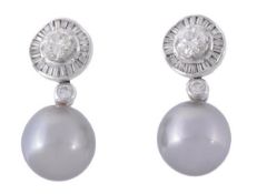 A pair of grey South Sea cultured pearl and diamond ear clips, the 15.3mm grey South Sea cultured