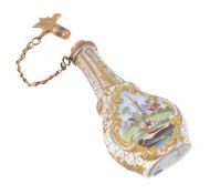 A south Staffordshire enamel Rainbow Group scent flask, circa 1765, of flattened bottle form, one