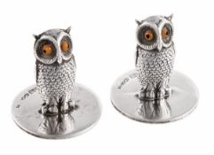 A pair of Edwardian silver owl menu card holders by Sampson Mordan & Co., Chester 1906, Rd. no.