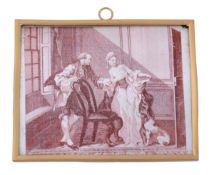 A Battersea enamel rectangular plaque, circa 1753-1756, transfer printed in reddish brown, after