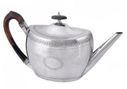A George III silver oval tea pot by Robert & David Hennell, London 1798, with an oval wooden finial