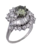 A green diamond and diamond cluster ring, the central green diamond stated to weigh 1.54 carats,