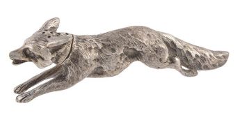A silver novelty fox pepperette by William Edward Hurcomb, London 1910, modelled running, with a