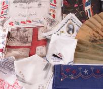 A collection of commemorative textiles, including: silk handkerchiefs from Gibraltar; a 19th