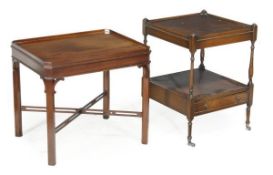 A Victorian mahogany commode, two two-tier tables in Regency style, a rectangular coffee table with