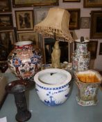 A Chinese Famille Rose lamp; and other Chinese ceramics, including: a bronze vase, and a soapstone