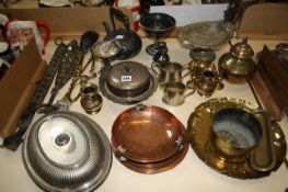 A silver plate scalloped shaped dish with a squirrel mount, a beaten copper bowl, a brass tray and