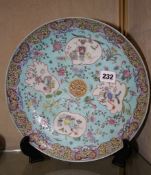 A Cantonese enamelled porcelain turquoise ground plate, 28cm diameter