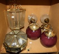A Regency style hexagonal brass and glass lantern and other lighting fixtures. sold as parts. There