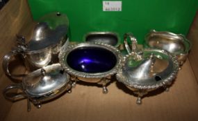 A collection of silver items, to include: an oval mustard and salt by William Comyns & Sons Ltd.,