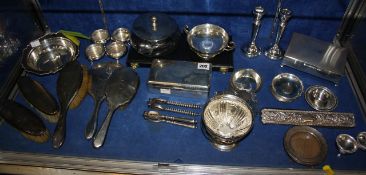 A collection of silver and plated items, including: a pair of Guernsey silver coloured circular
