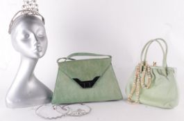 A green Russell & Bromley handbag; together with a `Maid Marion` pale green leather bag; three