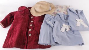 A quantity of vintage children`s clothing, comprising: a maroon cord dress with a matching coat; a