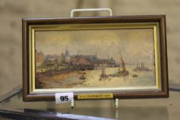 Attributed to William Anslow Thornbury The town pier on a festival day Oil on board 10cm x 21cm A