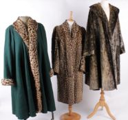A 1940s ocelot fur coat; together with a fur coat by Reder of Paris; a 1950s green wool coat with a