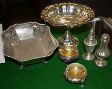 Six silver and silver coloured items, comprising: an Indian colonial lobed baluster pepperette by
