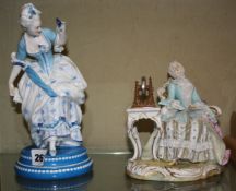 A Meissen figure of a woman seated by a spinning wheel (a.f.) and another Continental figure. There