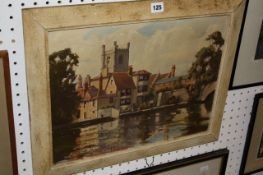 Albert Vernon Lovegrove (1899-1971) A town river scene with church Oil on canvas Signed and dated (