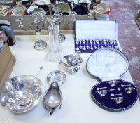 A collection of silver and plate, including a set of four quaiche form salts by Wilson & Sharp of