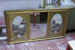 A gilt framed triptych wall mirror; together with a gilt framed picture of a farm; a framed
