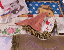 A collection of World War II commemorative silks and handkerchiefs from the UK and USA, including: