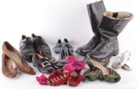 A collection of vintage boots and shoes from the 1930s to the 1960s, comprising: a pair of black