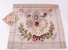 A World War I `Prisoner of War` embroidered panel with sepia photographs stitched into the centre;