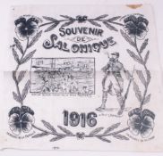 A souvenir cotton handkerchief from 1916, printed with `Souvenir de Salonique` to celebrate the
